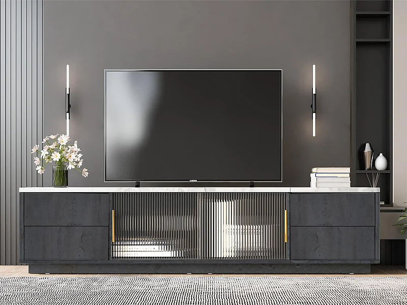 Meuble TV 160cm - adapté pour TV 70" avec un grand espace de rangement et plateau effet marbre - Gris