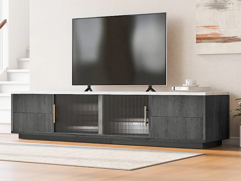 Meuble TV 160cm - adapté pour TV 70" avec un grand espace de rangement et plateau effet marbre - Gris