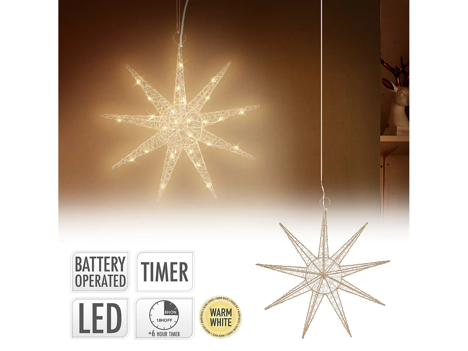 Étoile de noël décorative à suspendre 30 cm dorée avec 30 led blanc chaud en métal avec éclairage et minuterie à piles ornement de noël pour fenêtre