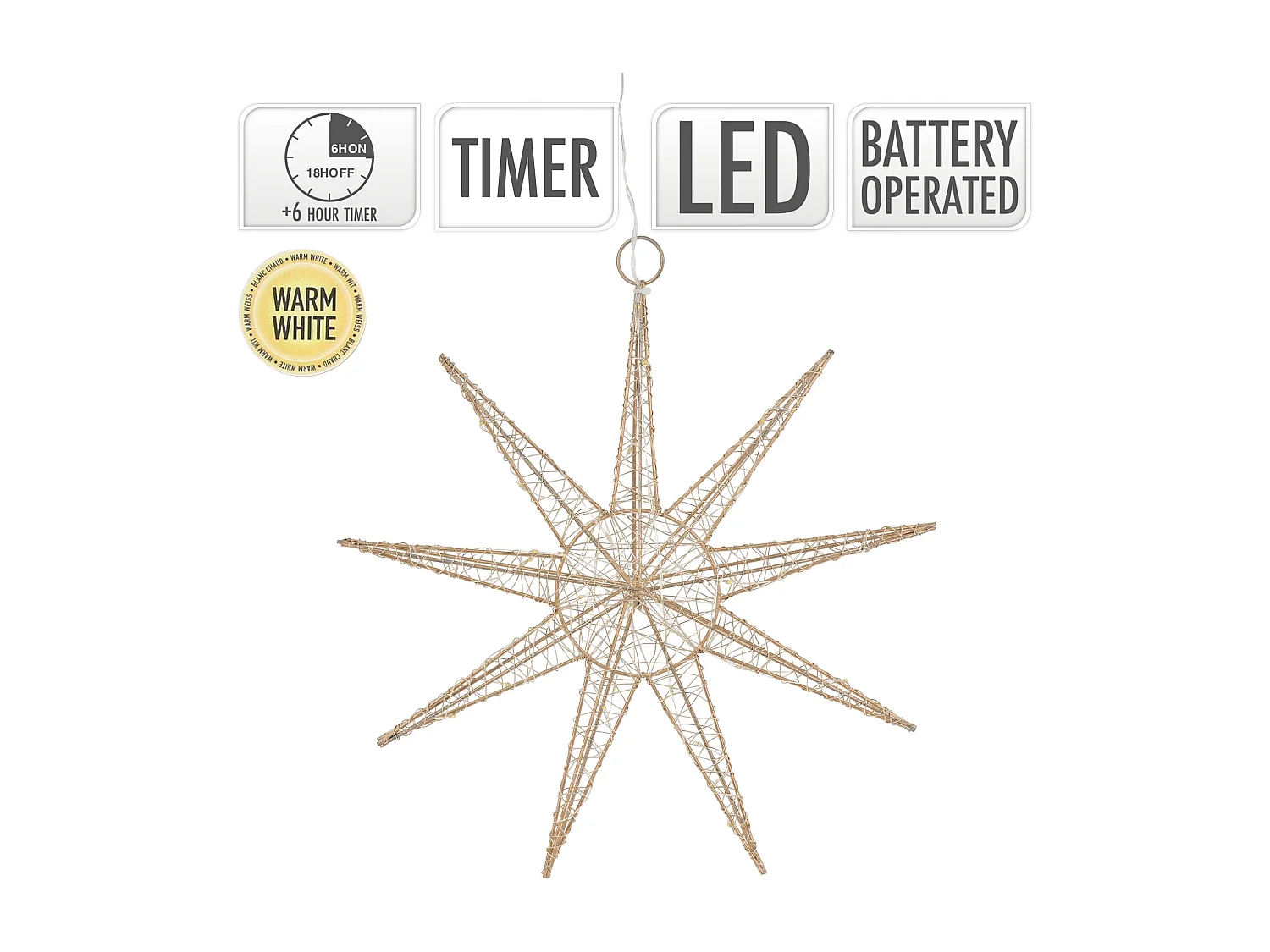 Étoile de noël décorative à suspendre 30 cm dorée avec 30 led blanc chaud en métal avec éclairage et minuterie à piles ornement de noël pour fenêtre