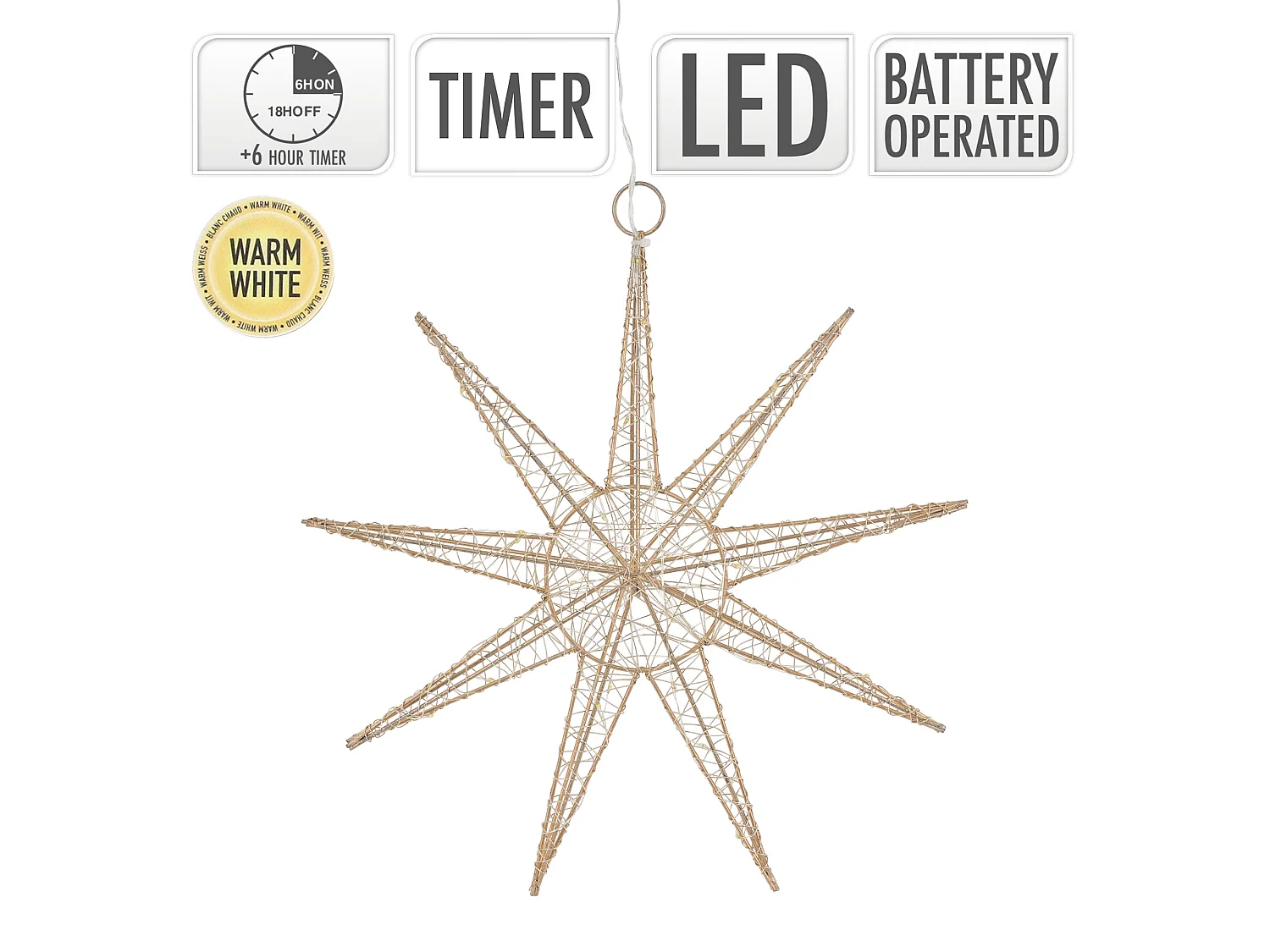 ECD Germany Decoración de Navidad Estrella colgante dorada con luces LED 30cm , copo de nieve navideño de metal con iluminación y temporizador a pilas
