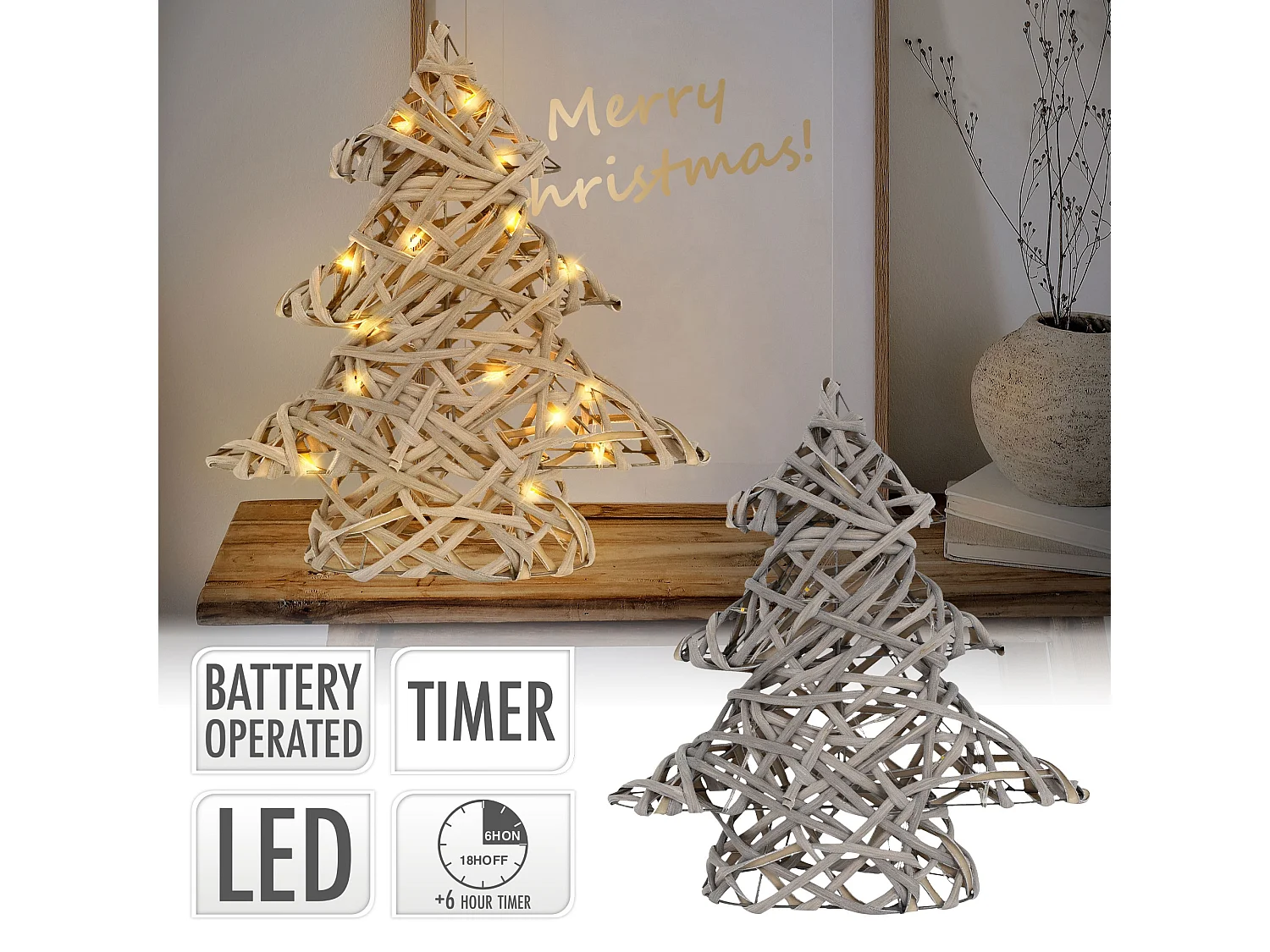Sapin de Noël décoratif à LED en rotin décoration d'hiver métalique 28 x 30 cm