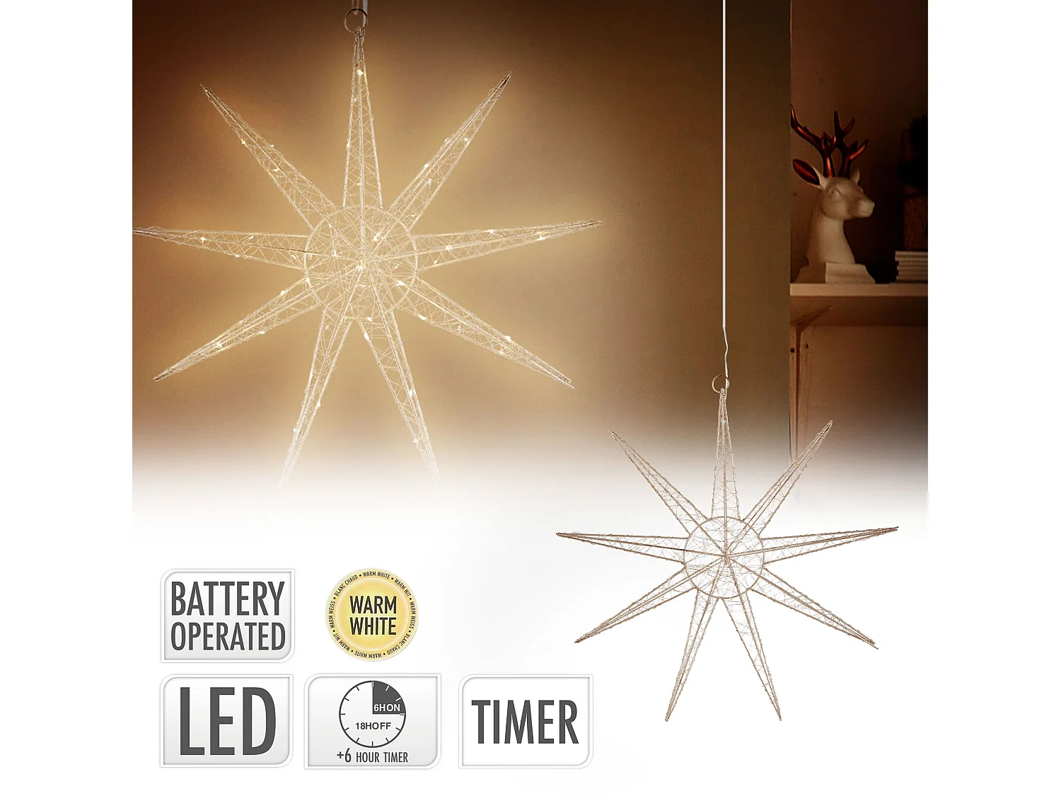 Étoile lumineuse décoration de Noël métallique doré 50 cm minuterie avec 50 LED