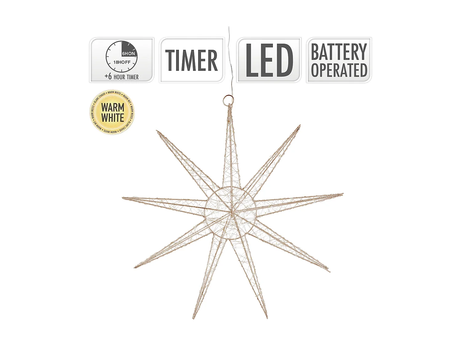 Étoile lumineuse décoration de Noël métallique doré 50 cm minuterie avec 50 LED