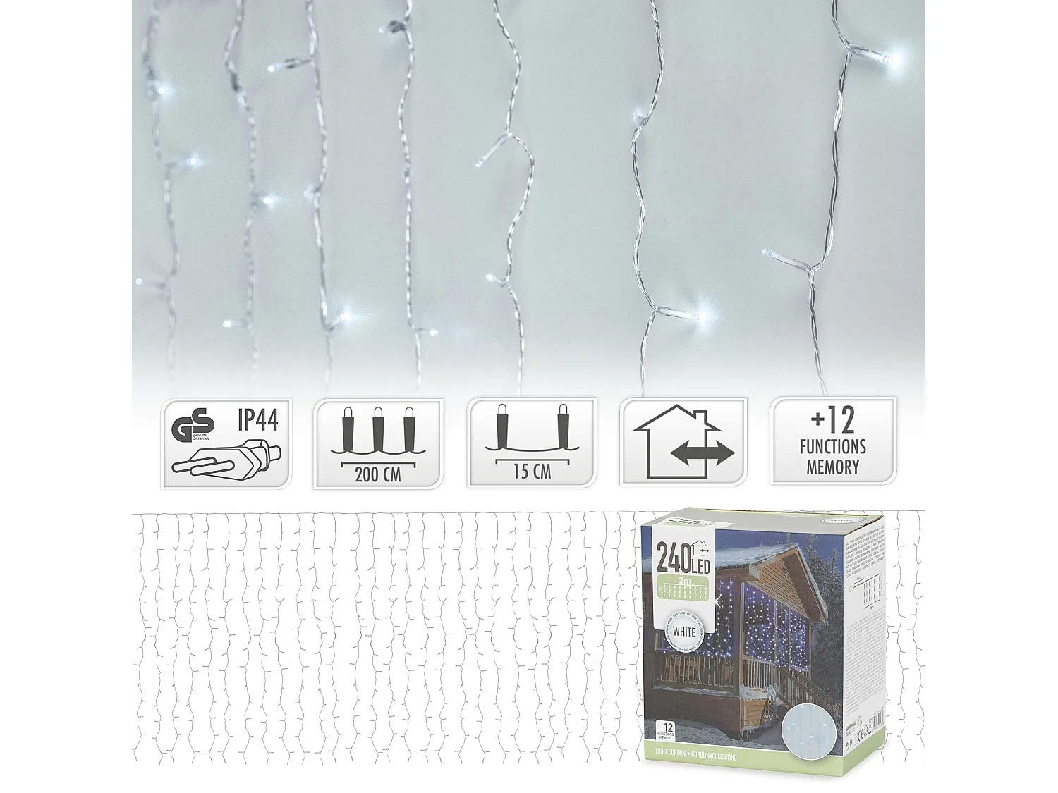 Rideau pendant lumineux de Noël 240 LED blanc froid IP44 2m intérieur/extérieur