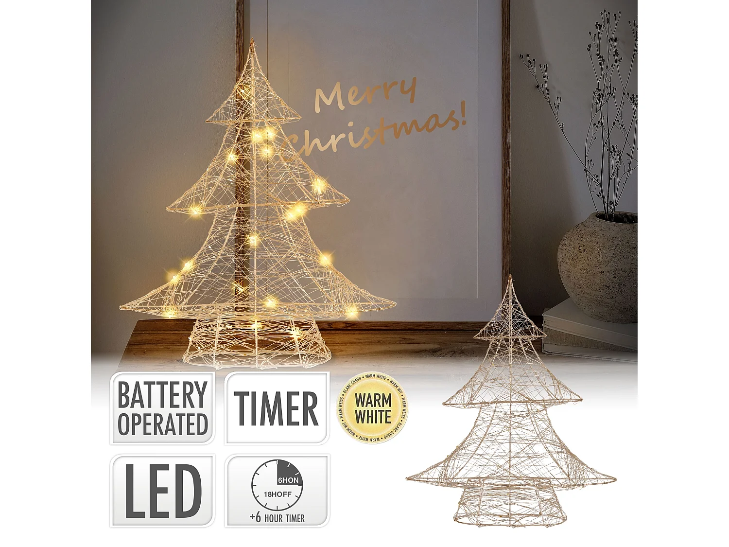 Sapin de Noël métallique doré 30 LED arbre lumineux décoration d'hiver 34x40 cm