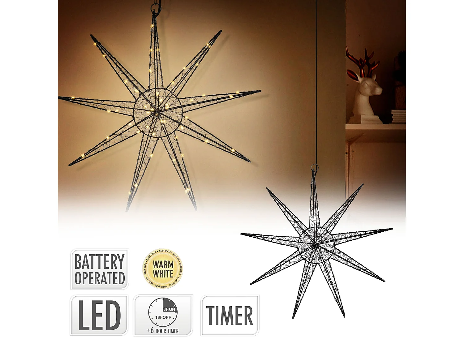 Étoile lumineuse décoration de Noël métallique noir 50 cm minuterie avec 50 LED