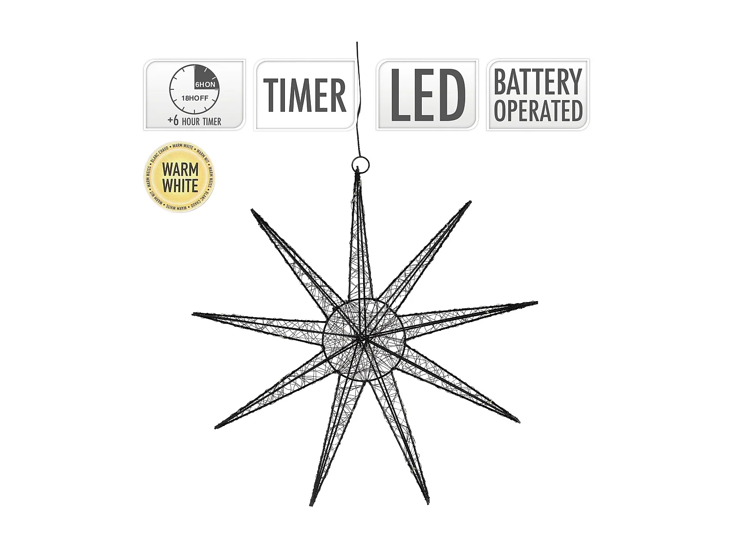 Étoile lumineuse décoration de Noël métallique noir 50 cm minuterie avec 50 LED