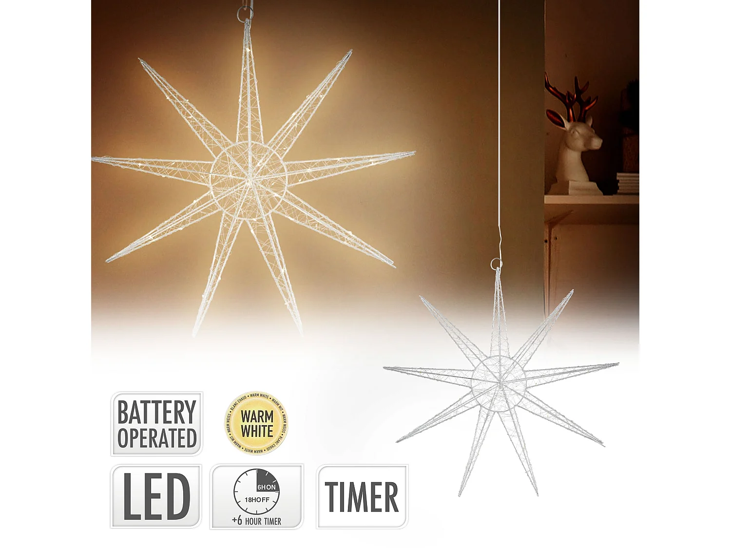 Étoile de Noël LED déco d'hiver avec minuterie étoile lumineuse suspendue 50 cm