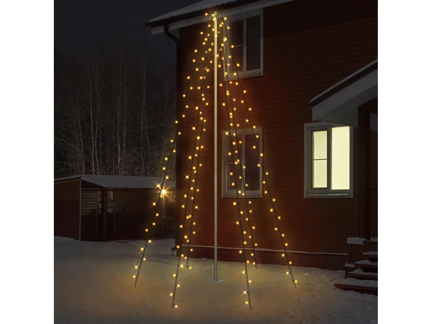 ECD Germany Fahnenmast Lichterkette, 6 Stränge-2,08m, 192 LED, Warmweiß für Bäume, Schwarz, IP44, Außen, Fahnenstangen Beleuchtung Außenbeleuchtung