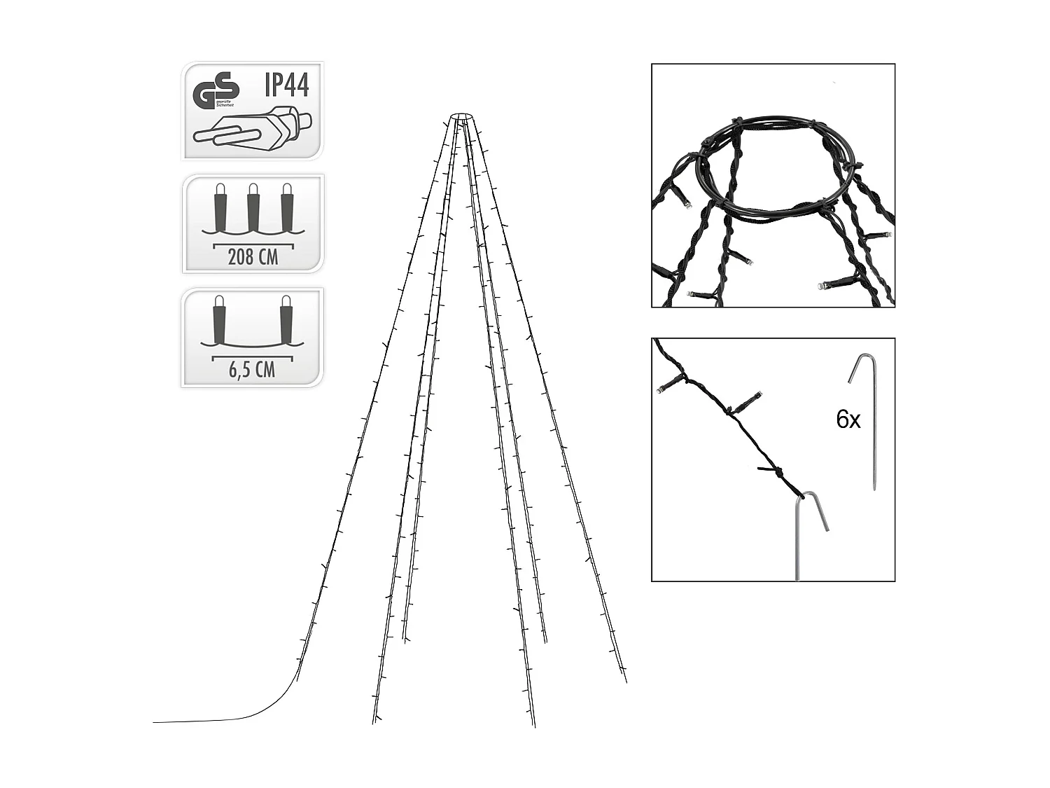 ECD Germany Fahnenmast Lichterkette, 6 Stränge-2,08m, 192 LED, Warmweiß für Bäume, Schwarz, IP44, Außen, Fahnenstangen Beleuchtung Außenbeleuchtung