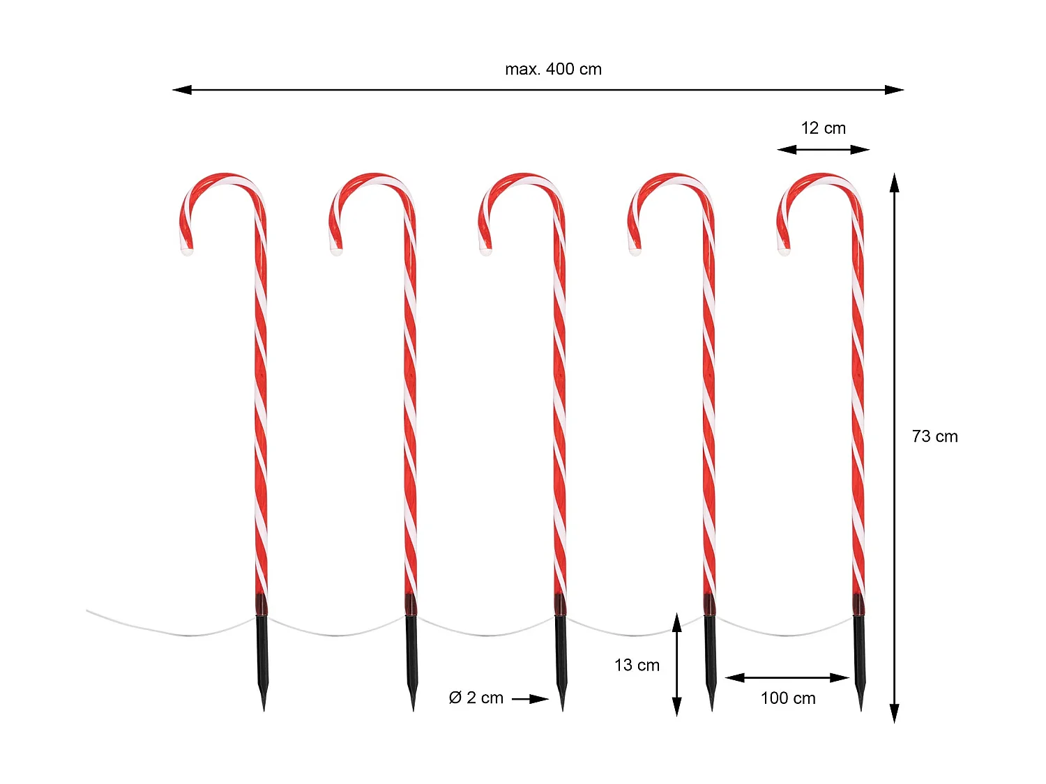 Set 5 bastoncini di zucchero catena di 40 LED bianco caldo decorazione natalizia