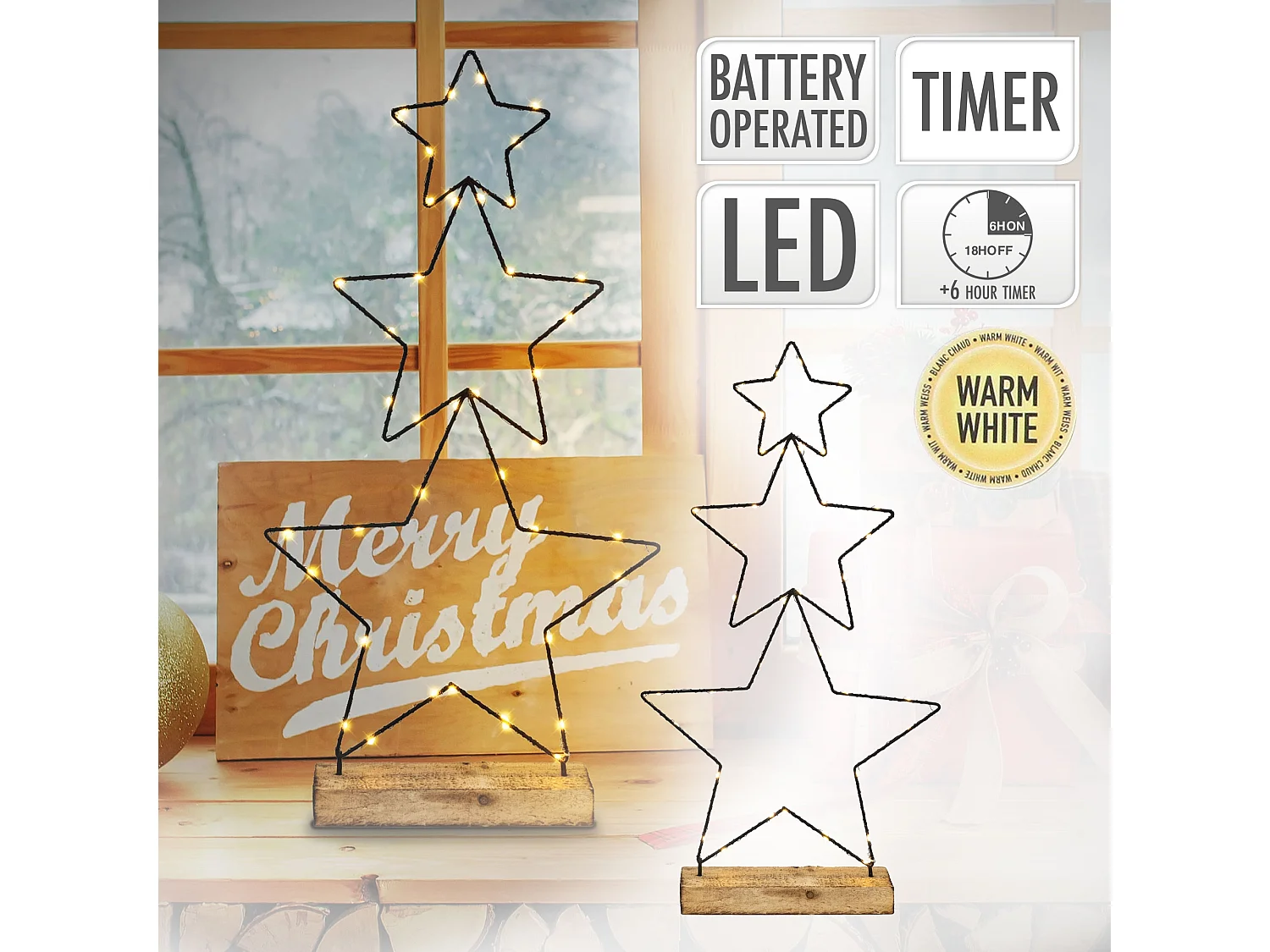 3x Étoiles décoratives de Noël avec 40 LED en métal éclairage blanc chaud 57 cm
