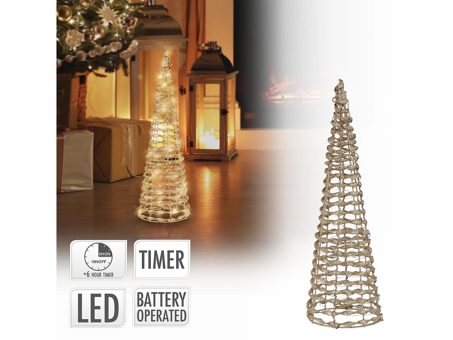Arbre de Noël cône LED sapin ornement d'hiver décoration en métal de Noël 40 cm