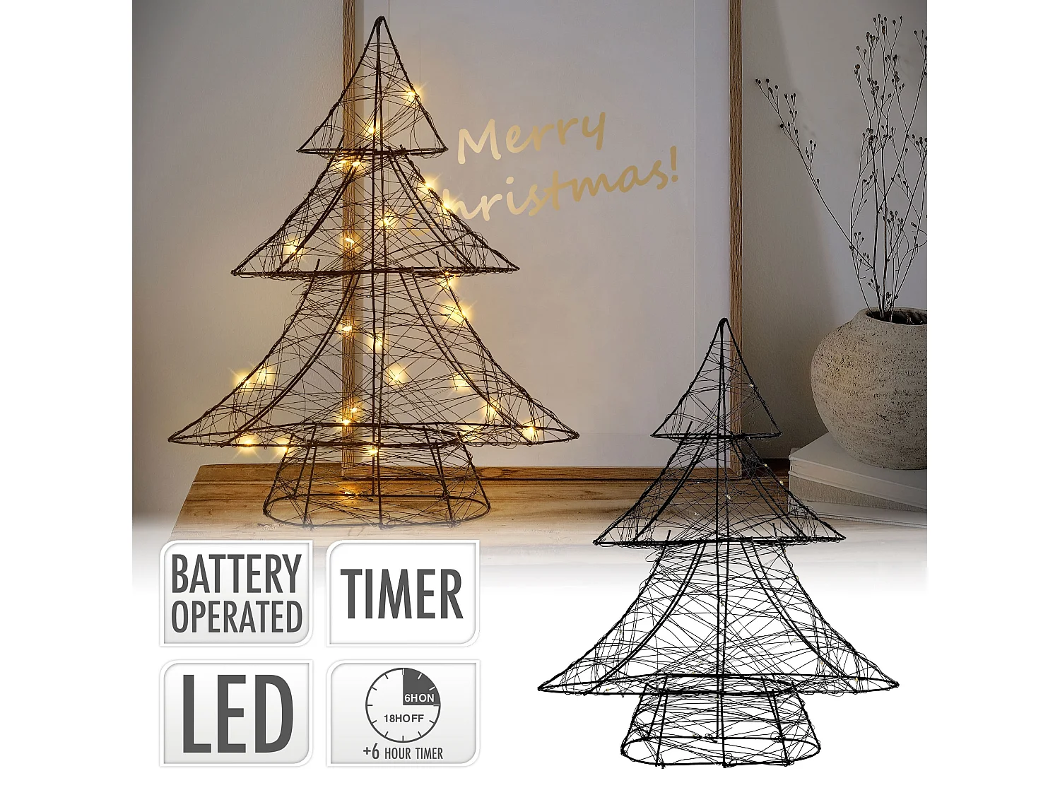 ECD Germany LED Deko Baum Weihnachten 30LED warmweiß, 40cm, aus Metall, Schwarz, Timer, Innen, batteriebetrieben, Weihnachtsbaum Lichterbaum Tanne