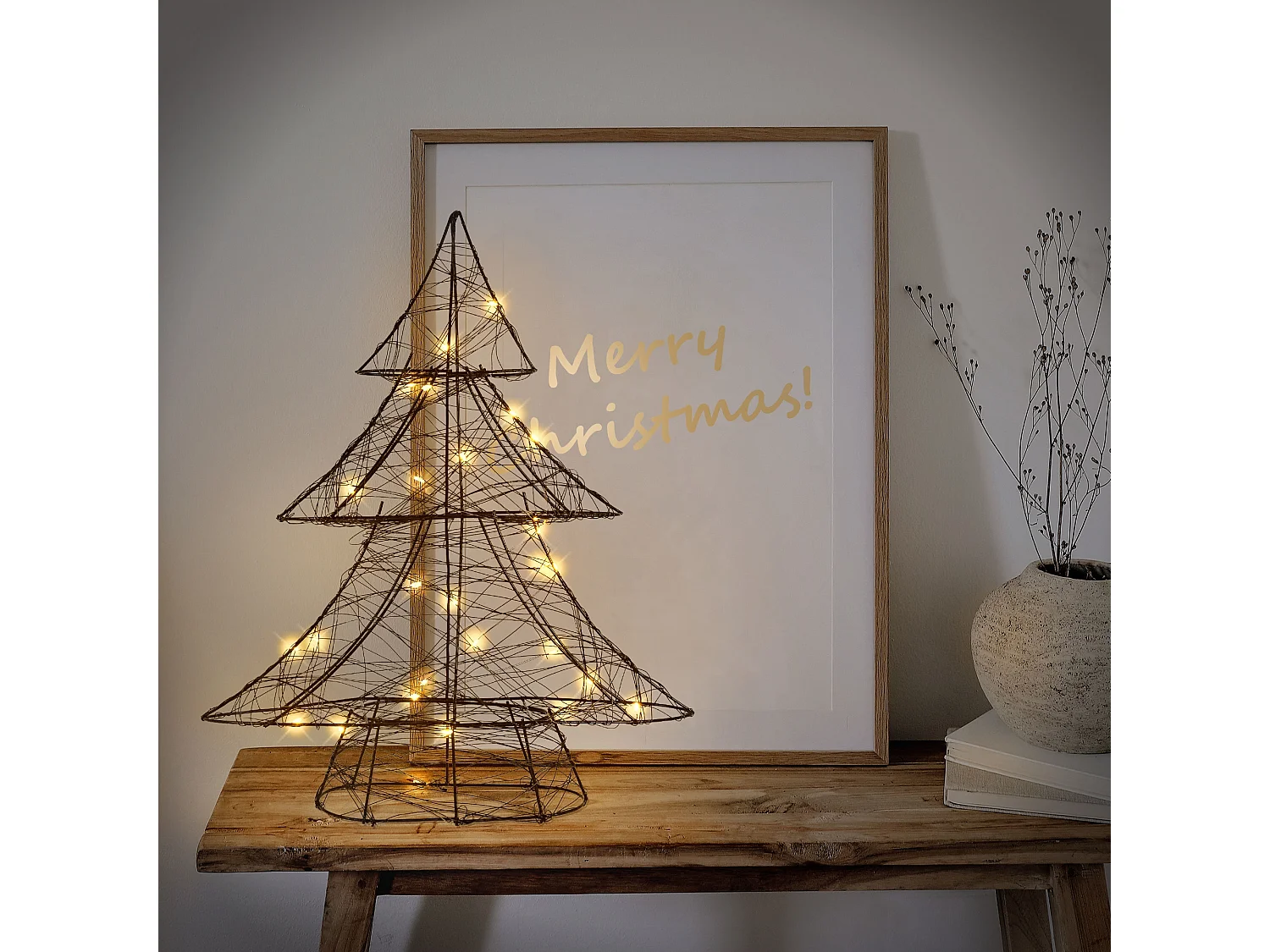 ECD Germany LED Deko Baum Weihnachten 30LED warmweiß, 40cm, aus Metall, Schwarz, Timer, Innen, batteriebetrieben, Weihnachtsbaum Lichterbaum Tanne