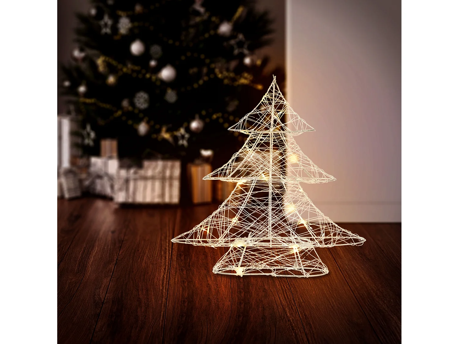 Árbol de navidad decorativo 30 cm con LEDs arbolito plateado ornamental de metal
