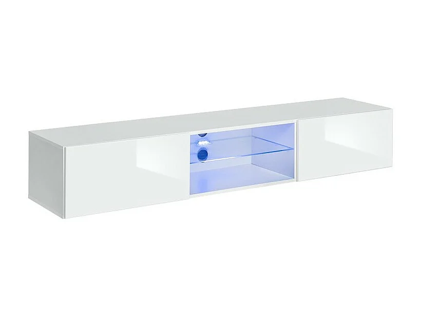 Meuble TV suspendu 180cm avec 2 portes et niches éclairées. Meuble coloris blanc. Collection SWITCH.