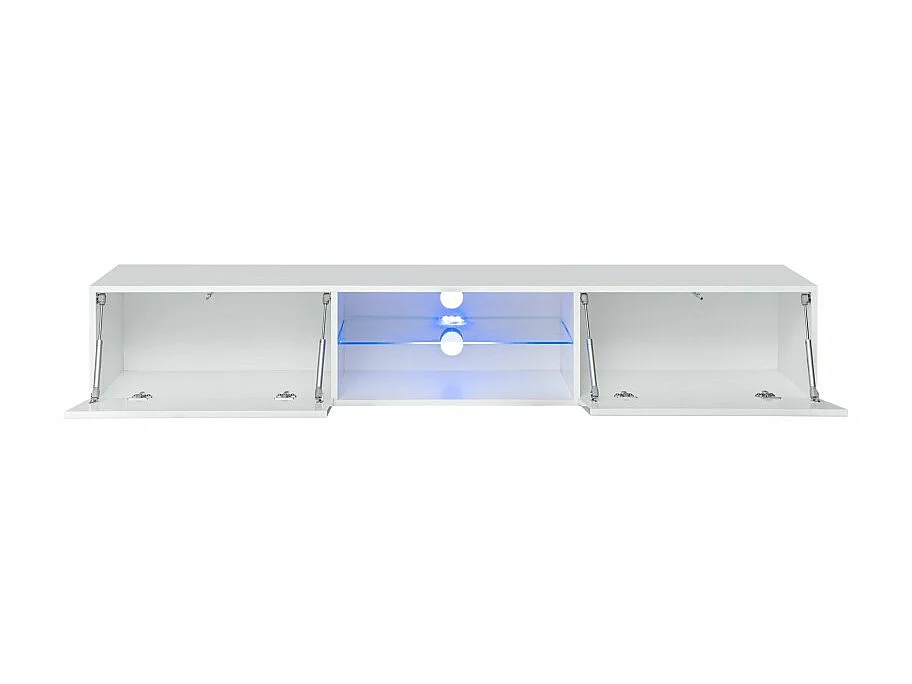 Meuble TV suspendu 180cm avec 2 portes et niches éclairées. Meuble coloris blanc. Collection SWITCH.