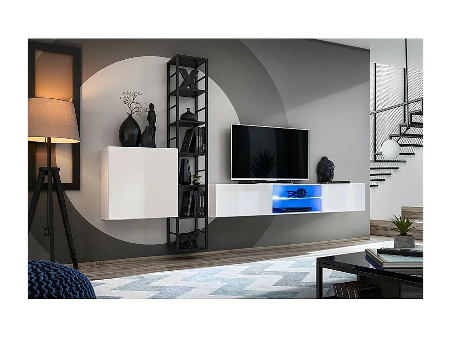 Meuble TV suspendu 180cm avec 2 portes et niches éclairées. Meuble coloris blanc. Collection SWITCH.