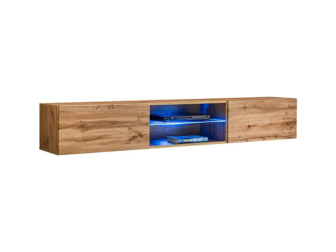 Meuble TV suspendu 180cm avec 2 portes et niches éclairées. Meuble coloris chêne Wotan. Collection SWITCH.