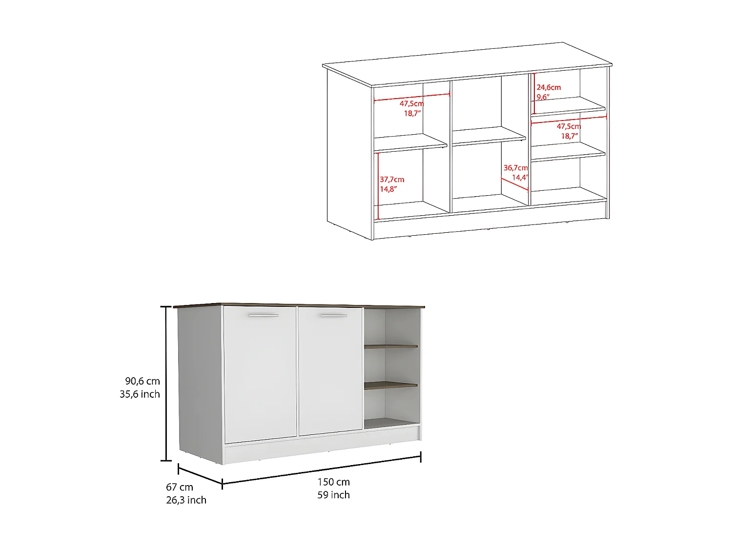 Isla de Cocina Ginger con Almacenamiento Espacioso y Encimera ,90.57 cm  X 149.98 cm  X 66.97 cm  , Multicolor