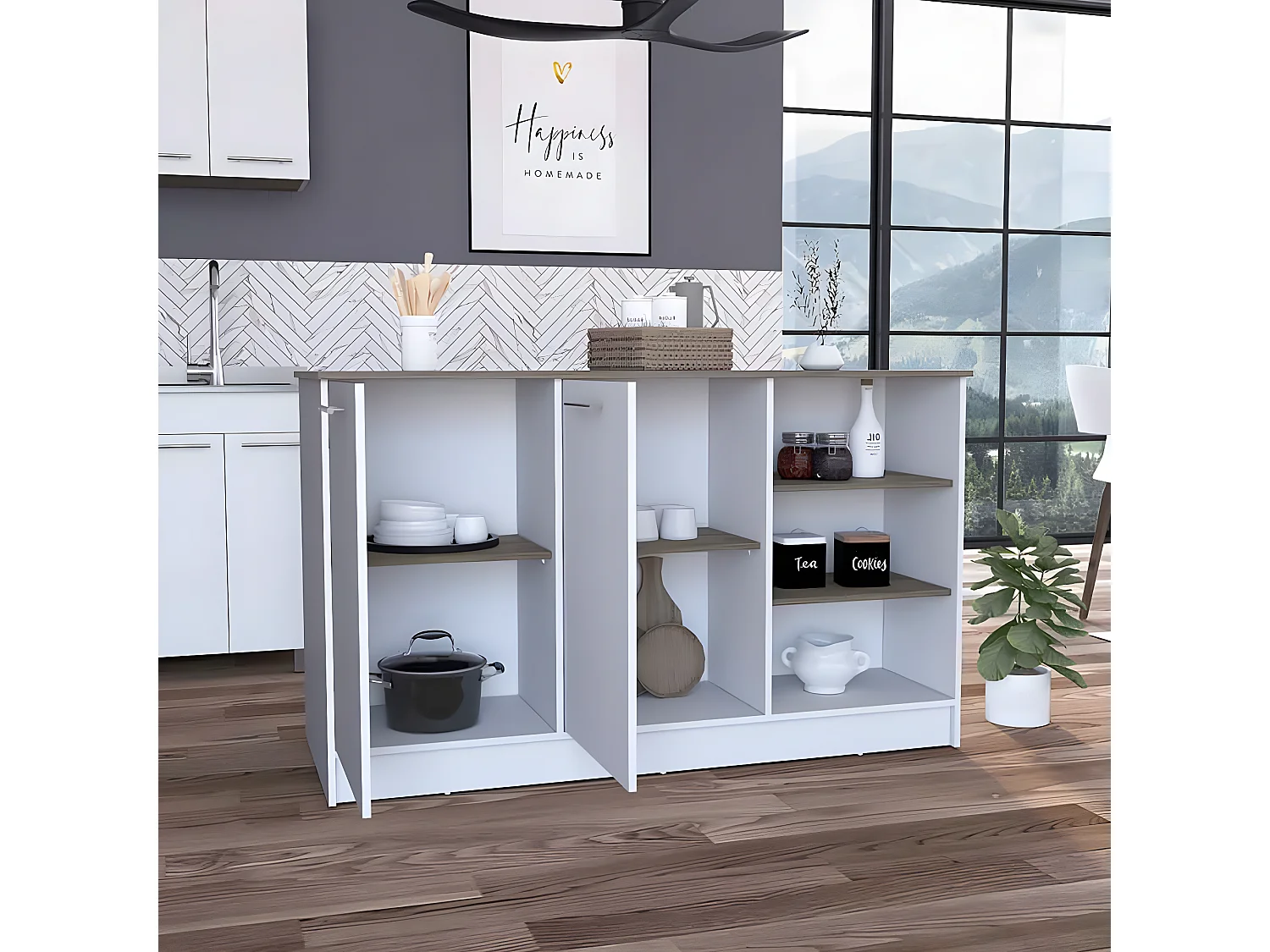 Isla de Cocina Ginger con Almacenamiento Espacioso y Encimera ,90.57 cm  X 149.98 cm  X 66.97 cm  , Multicolor