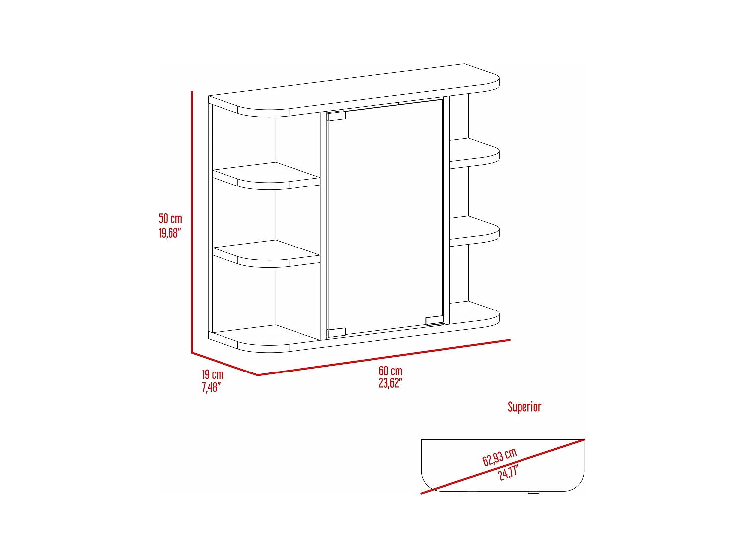 Armario de Pared para Baño Milán con Estantes y Espejo , 49.98 cm  X 59.99 cm  X 18.99 cm  , Negro