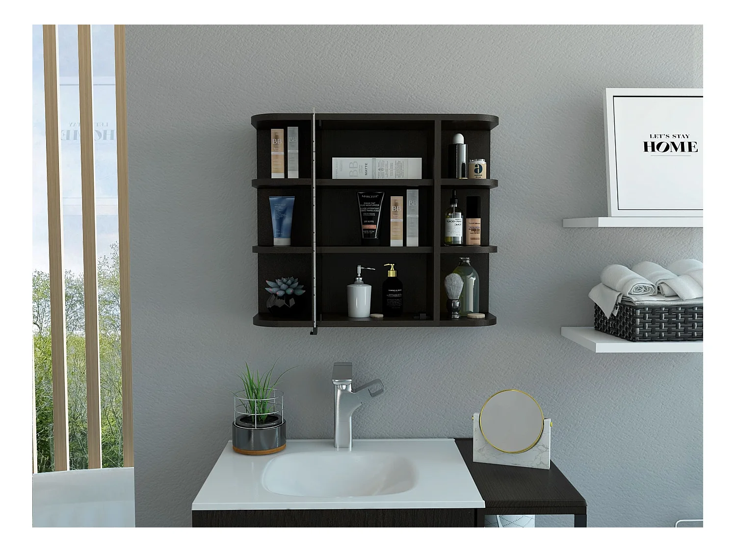 Armario de Pared para Baño Milán con Estantes y Espejo , 49.98 cm  X 59.99 cm  X 18.99 cm  , Negro