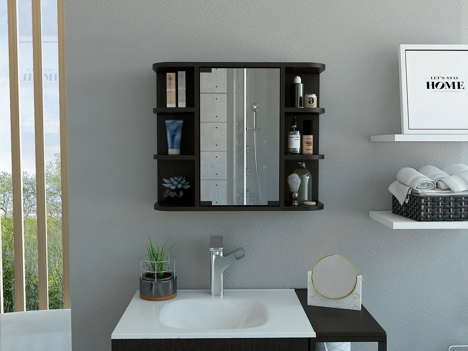 Armario de Pared para Baño Milán con Estantes y Espejo , 49.98 cm  X 59.99 cm  X 18.99 cm  , Negro