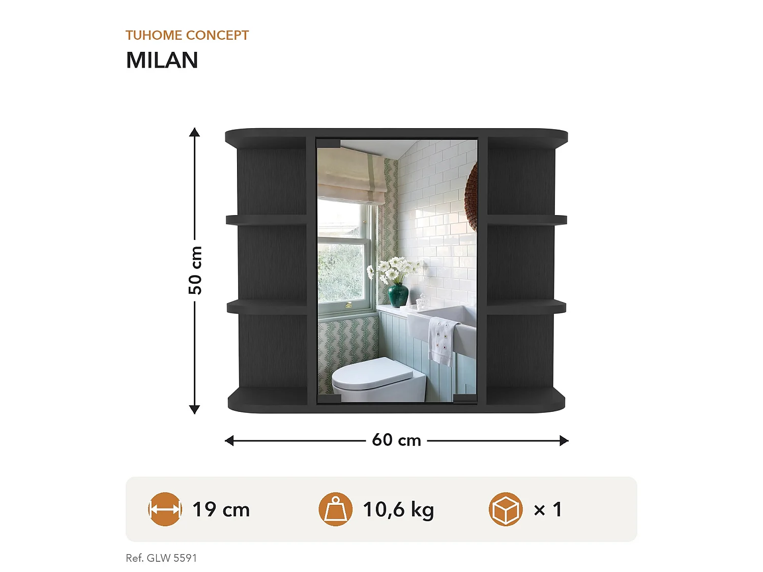 TUHOME CONCEPT Armoire murale de salle de bain Milan de 60 cm, wengé