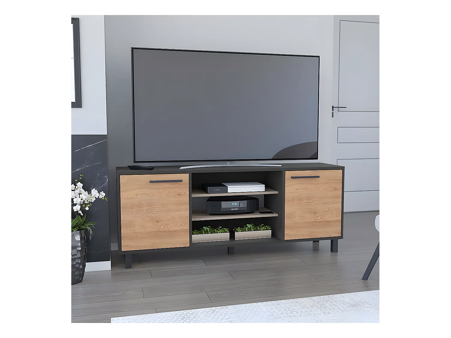 Mueble TV Kaia con Almacenamiento Multimedia , 57.98 cm  X 148.92 cm  X 38.98 cm  , Negro