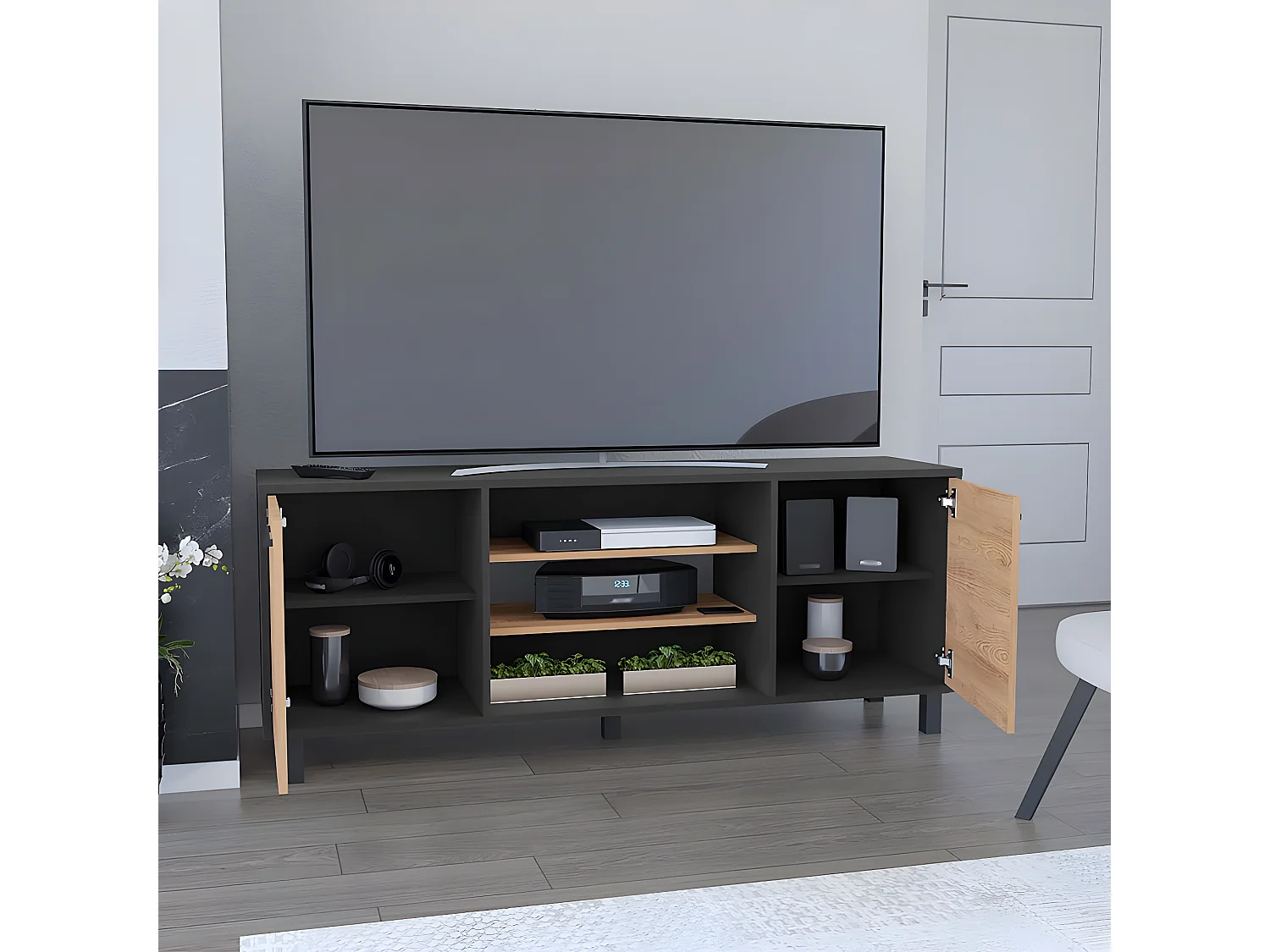 Mueble TV Kaia con Almacenamiento Multimedia , 57.98 cm  X 148.92 cm  X 38.98 cm  , Negro