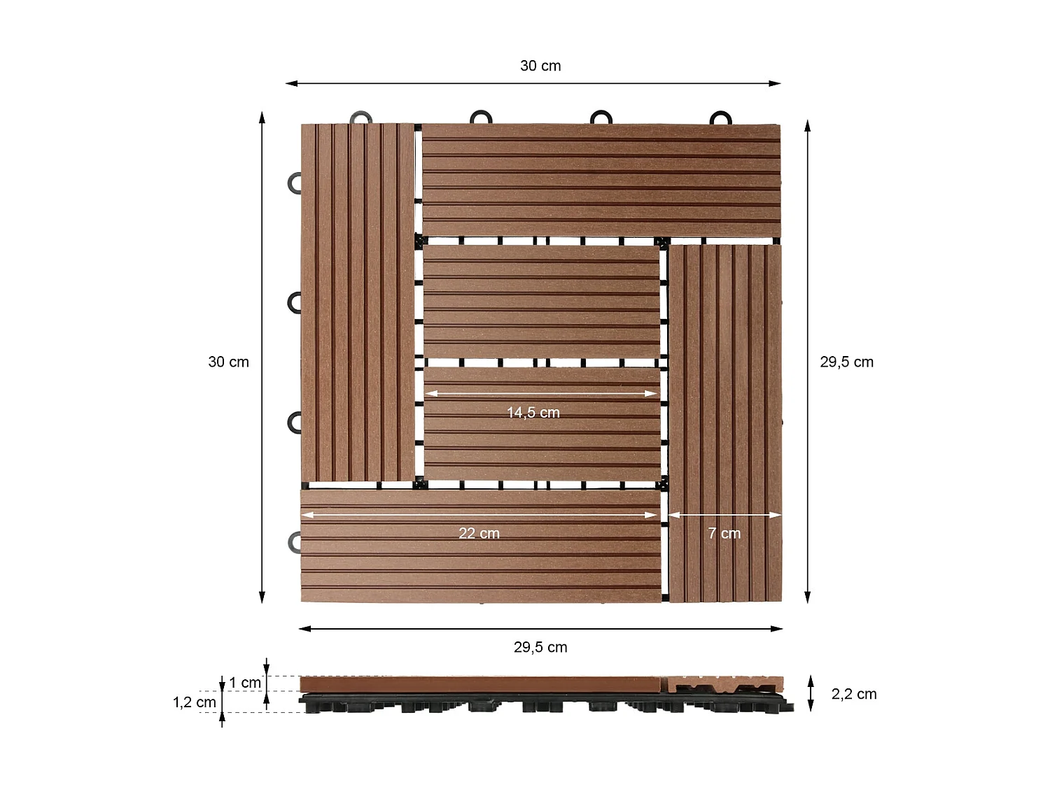 4m² Baldosas WPC 44 azulejos 30x30 cm con sistema de clic, mosaico marrón claro