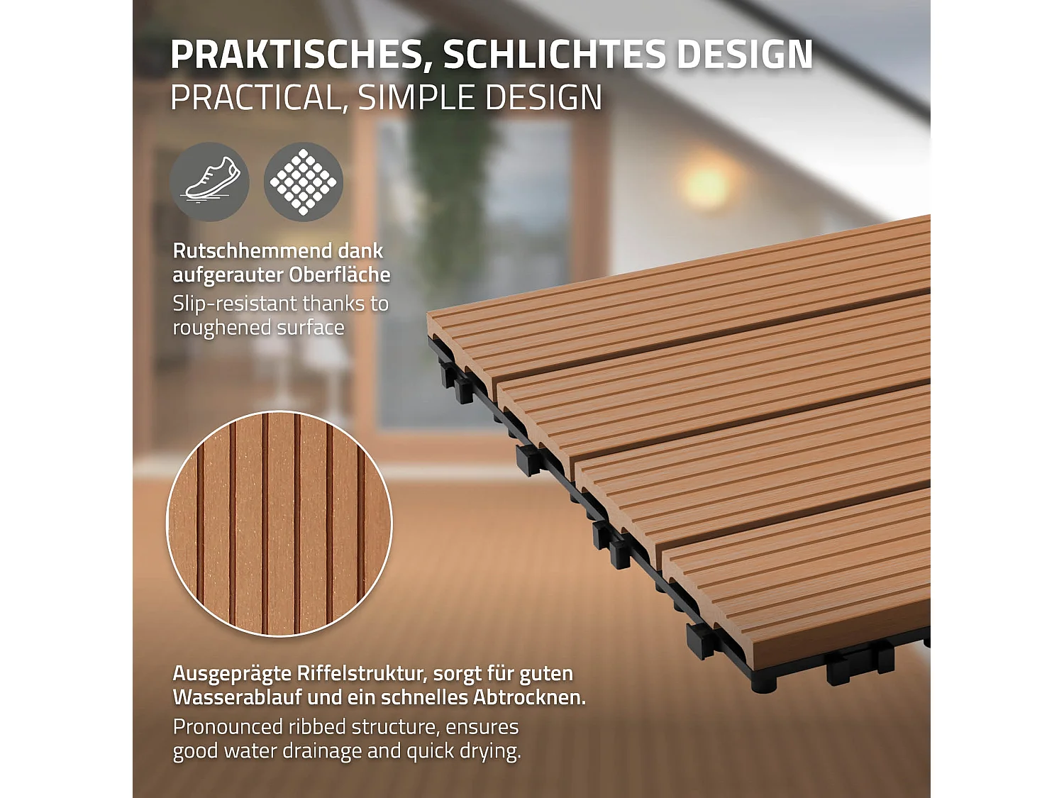 WPC carreaux de sol 60x30cm 2m² aspect de bois jardin piscine patio marron clair