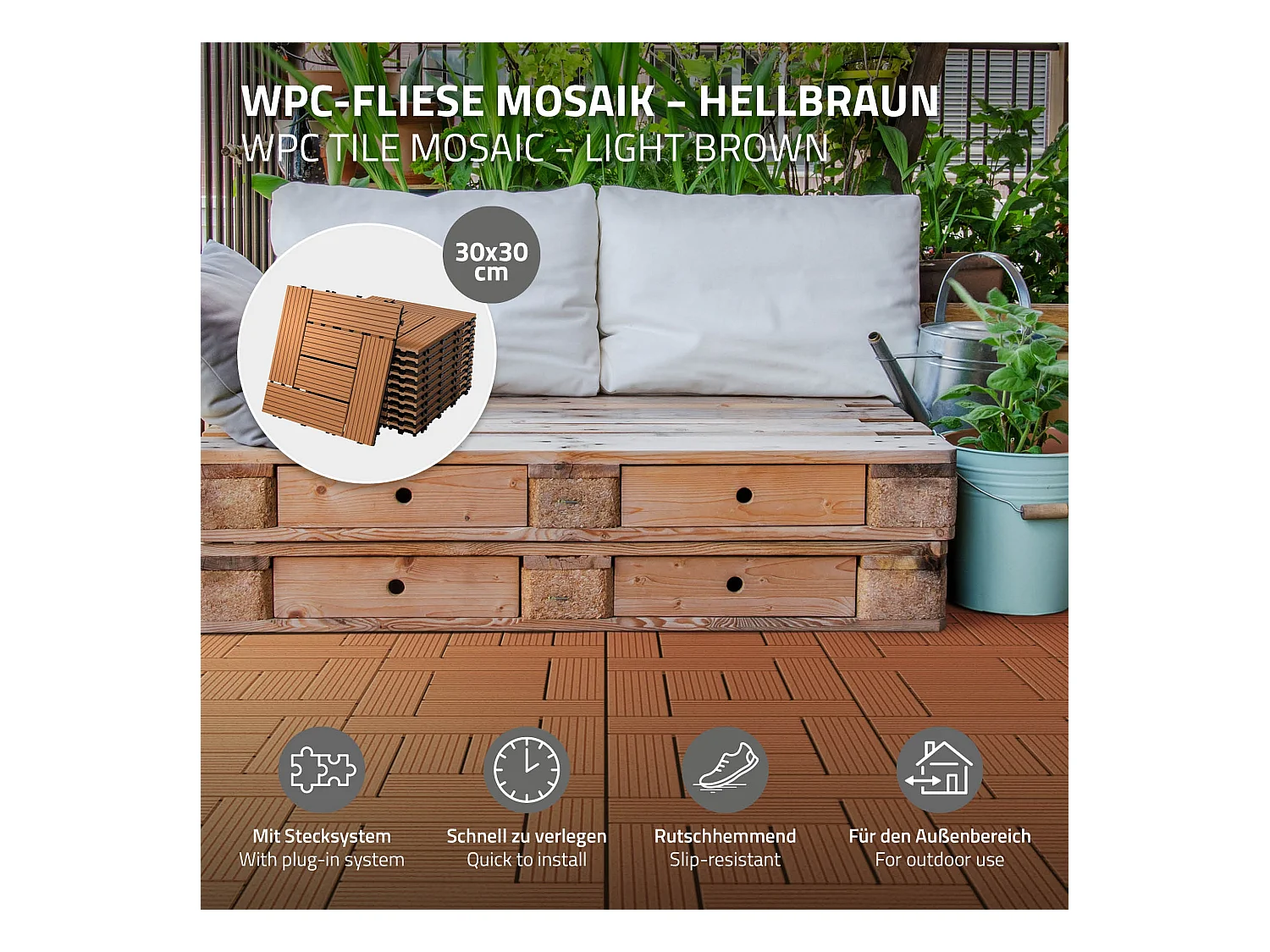 WPC carreaux de sol 30x30 cm 5m² mosaïque pour jardin piscine patio marron clair