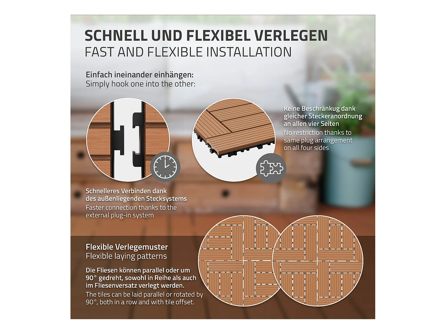 WPC carreaux de sol 30x30 cm 5m² mosaïque pour jardin piscine patio marron clair