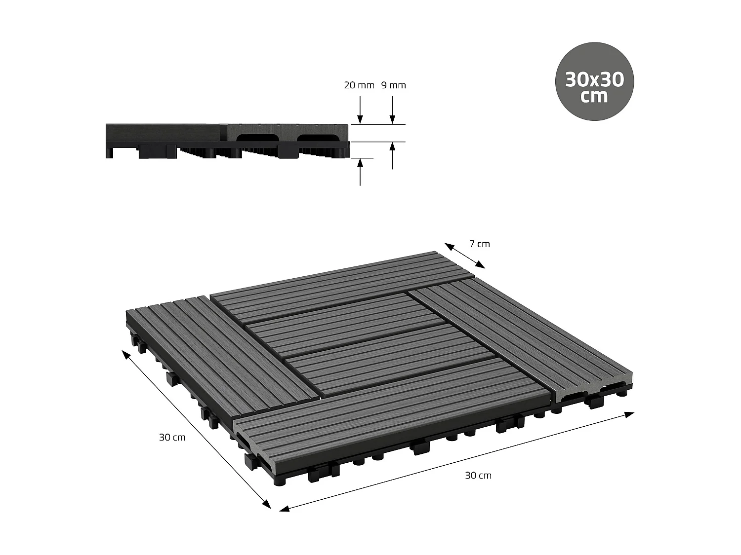 WPC carreaux de sol 30x30 cm 5 m² pour jardin piscine patio mosaïque anthracite