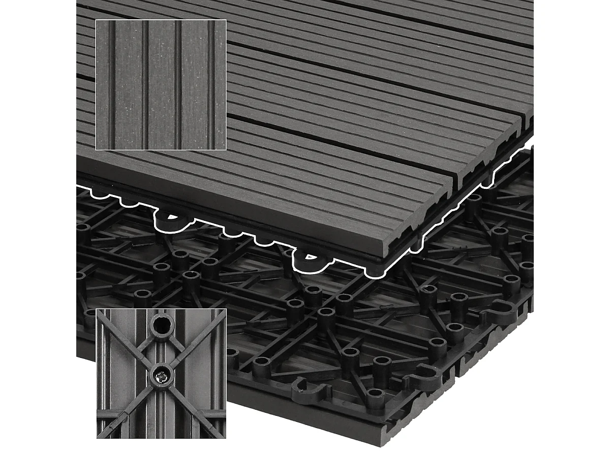 Dalles de terrasse WPC 60x30cm 12 pièces 2m² anthracite aspect de bois système à clic drainage antidérapant intérieur et extérieur revêtement de sol