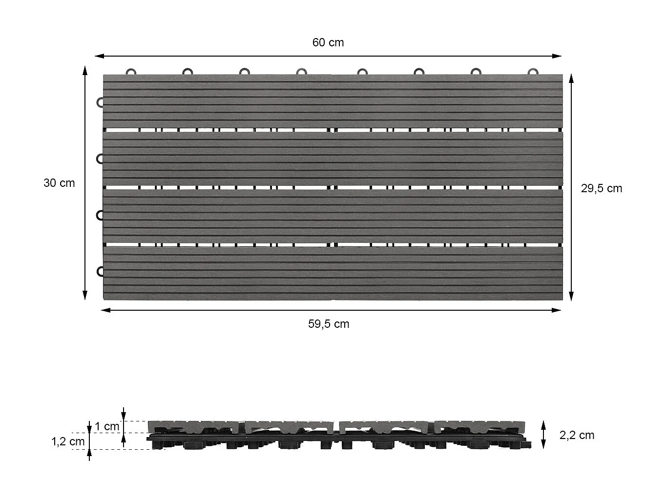 Dalles de terrasse WPC 60x30cm 12 pièces 2m² anthracite aspect de bois système à clic drainage antidérapant intérieur et extérieur revêtement de sol