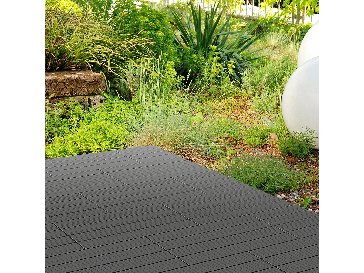 Dalles de terrasse WPC 60x30cm 12 pièces 2m² anthracite aspect de bois système à clic drainage antidérapant intérieur et extérieur revêtement de sol