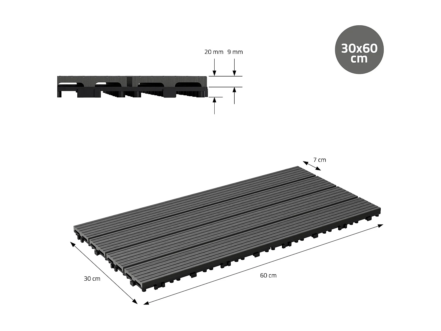 Dalles de terrasse WPC 60x30cm 12 pièces 2m² anthracite aspect de bois système à clic drainage antidérapant intérieur et extérieur revêtement de sol