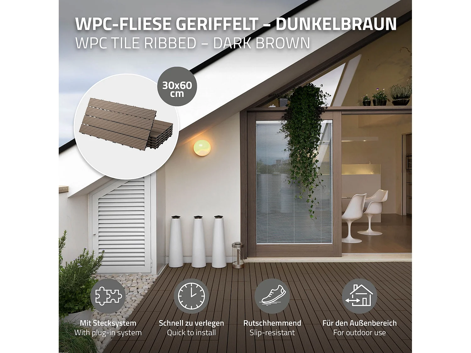 12x Piastrelle WPC da esterno pavimento 60 x 30 cm giardino marrone scuro 2 m²