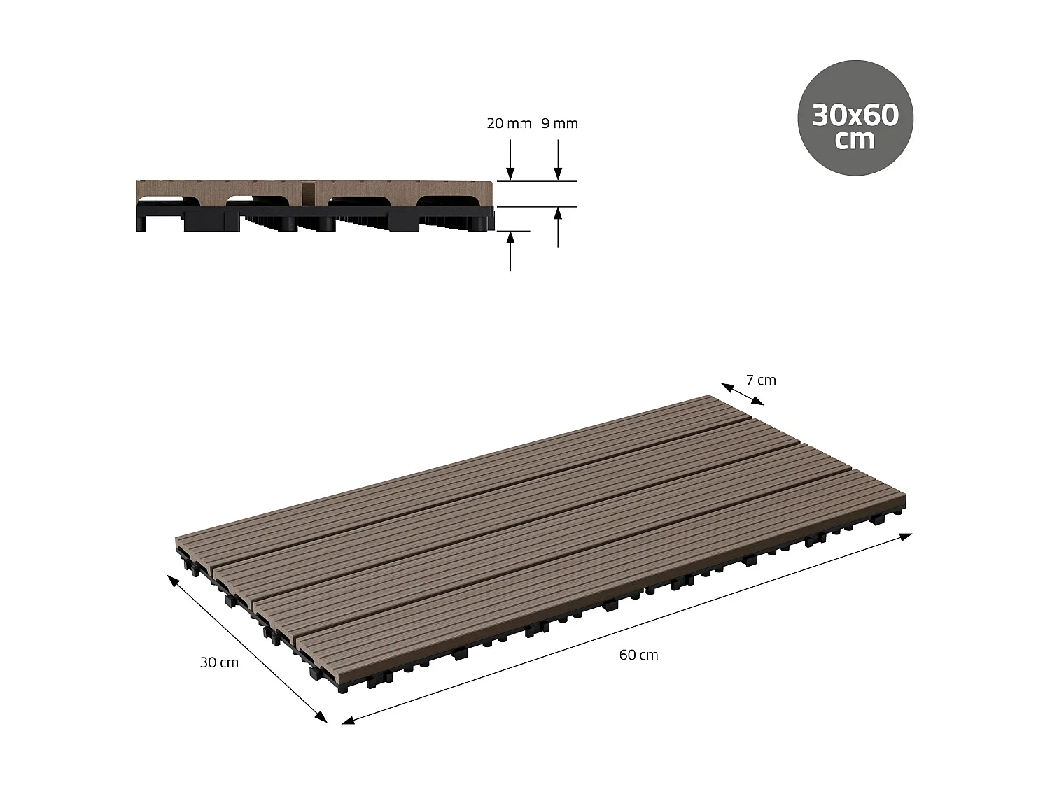 12x Piastrelle WPC da esterno pavimento 60 x 30 cm giardino marrone scuro 2 m²