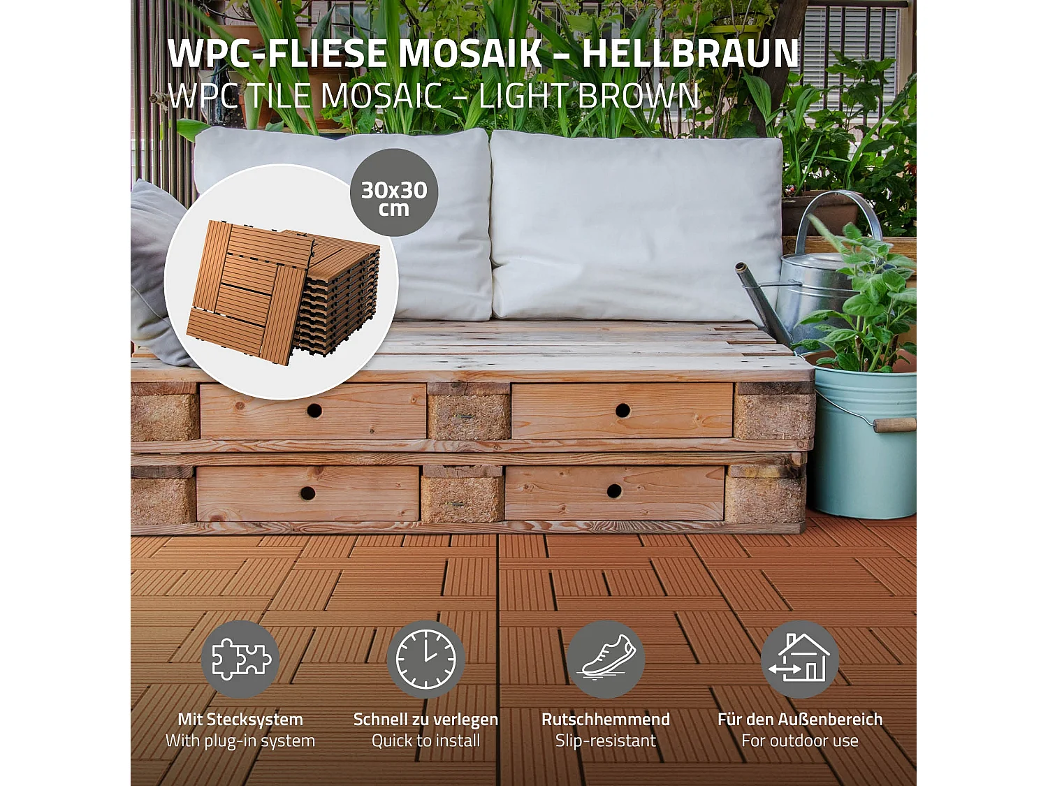 WPC carreaux de sol 30x30 cm 3m² mosaïque pour jardin piscine patio marron clair