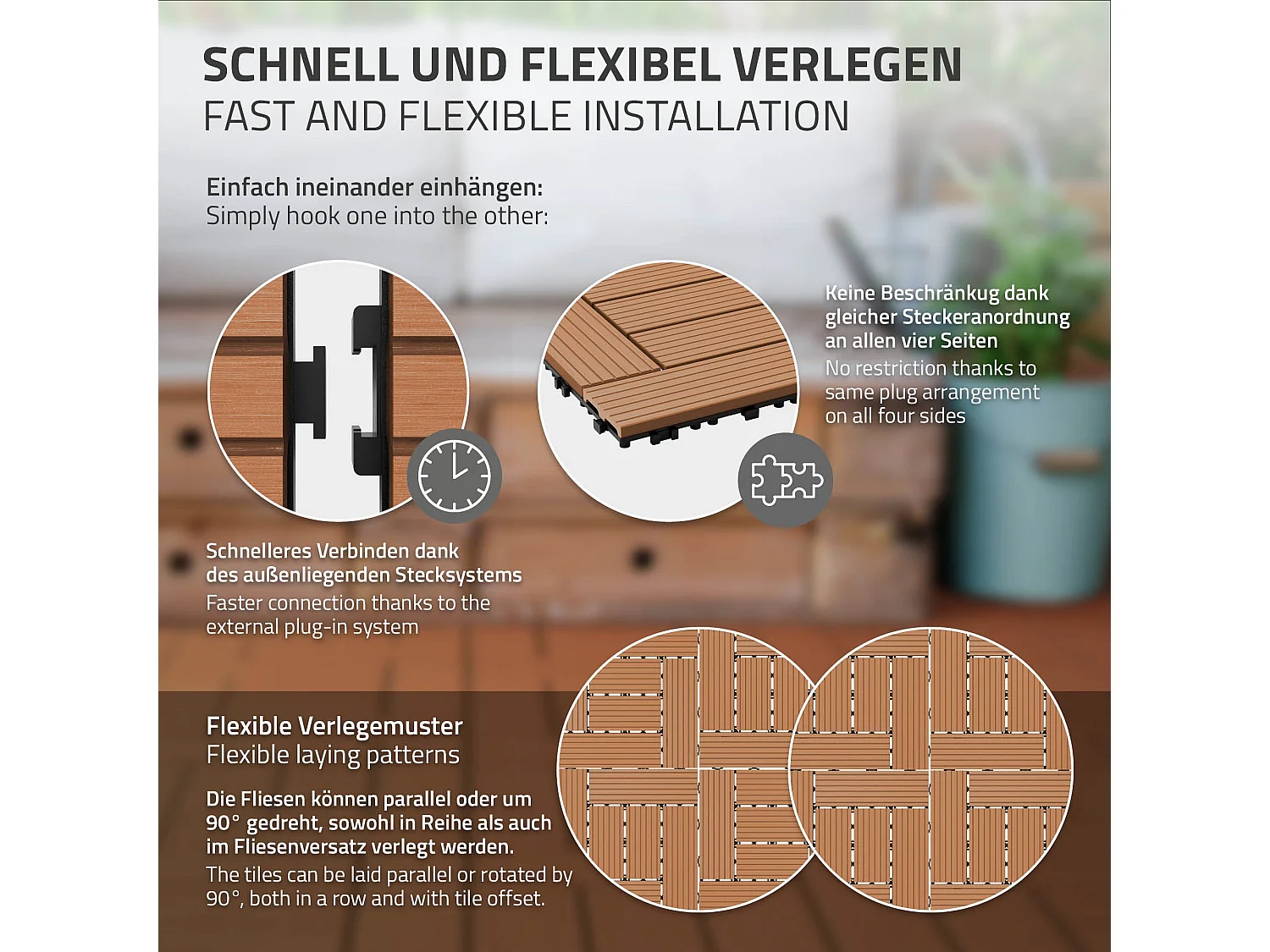 WPC carreaux de sol 30x30 cm 3m² mosaïque pour jardin piscine patio marron clair