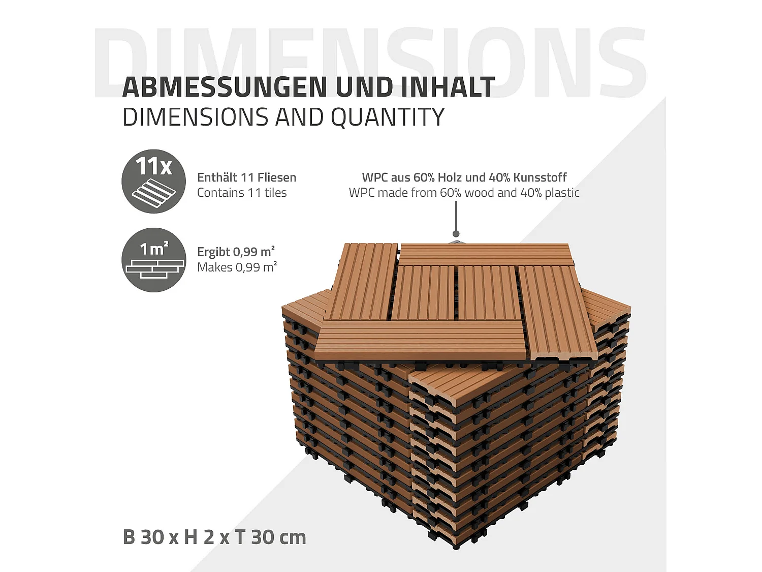 WPC carreaux de sol 30x30 cm 3m² mosaïque pour jardin piscine patio marron clair