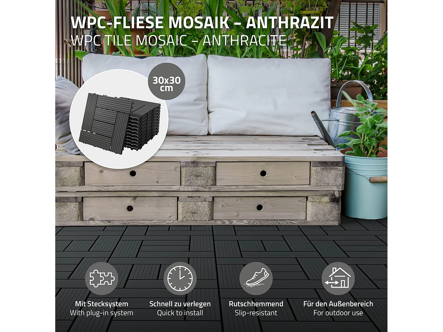 WPC carreaux de sol 30x30 cm 4 m² pour jardin piscine patio mosaïque anthracite