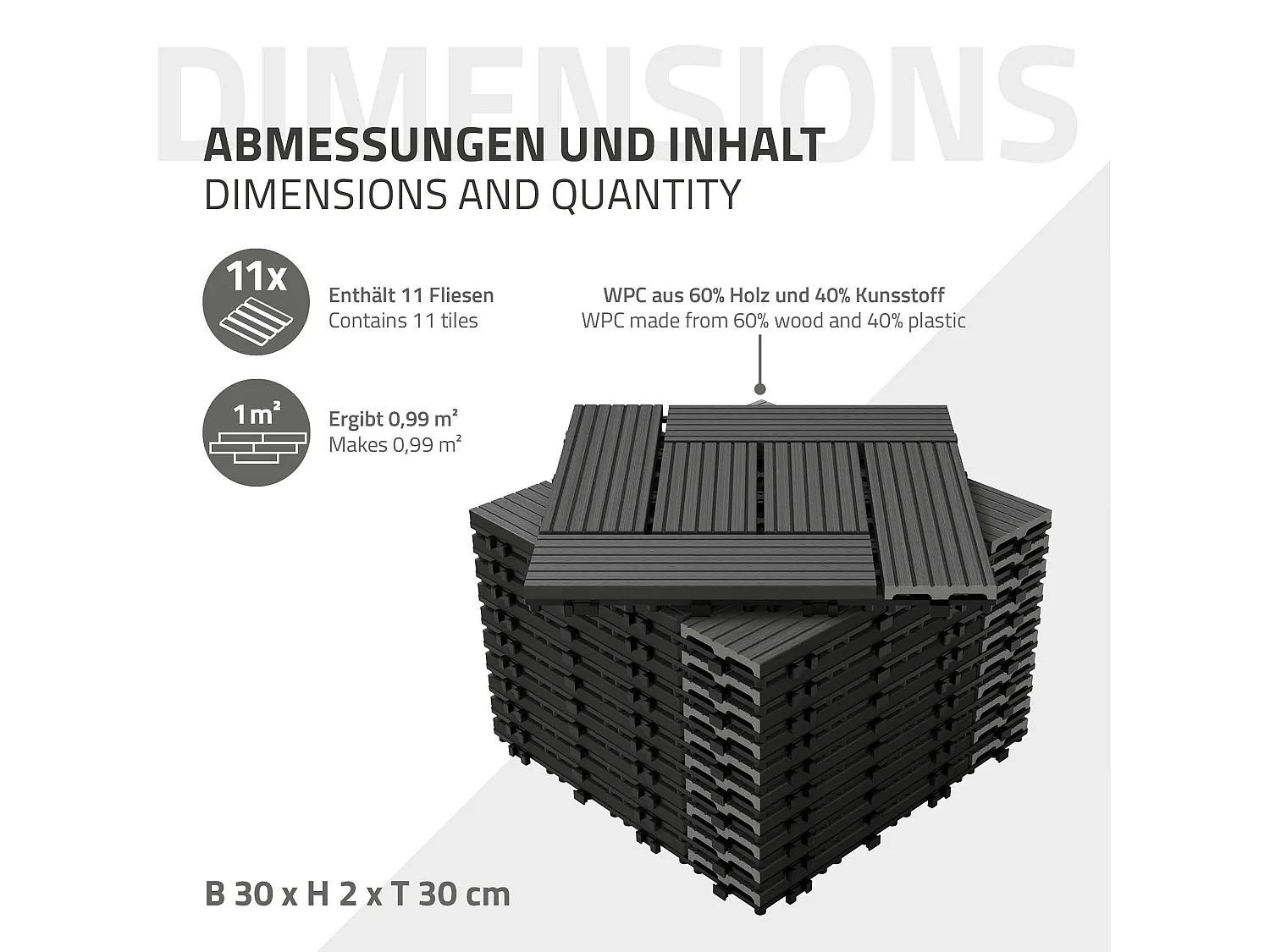 WPC carreaux de sol 30x30 cm 4 m² pour jardin piscine patio mosaïque anthracite