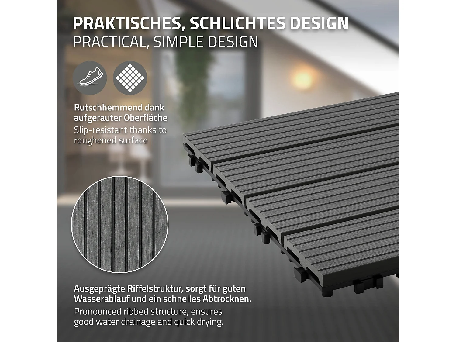 18x Piastrelle da giardino pavimento WPC per balcone 60 x 30 cm antracite 3 m²